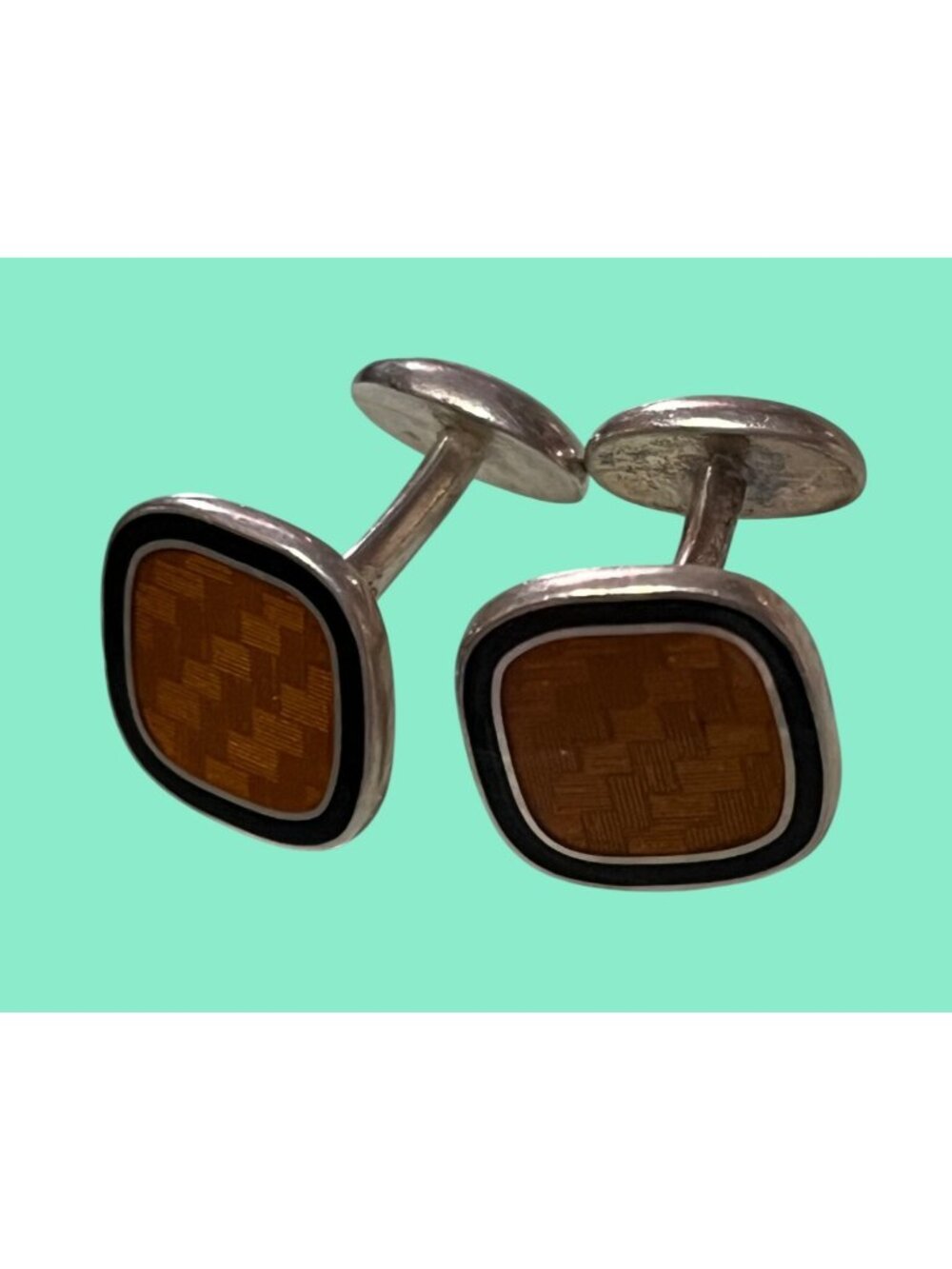 Sterling Silver & Enamel Cufflinks With Geometric Amber-Colored Inlay & Black Bo
